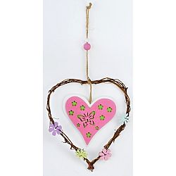 Dřevěná závěsná dekorace Srdce růžová, 20 cm